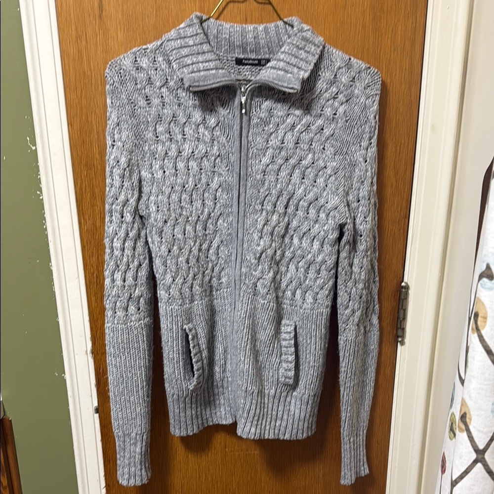 Gray Cable Knit Cardigan with Ribbed Details
